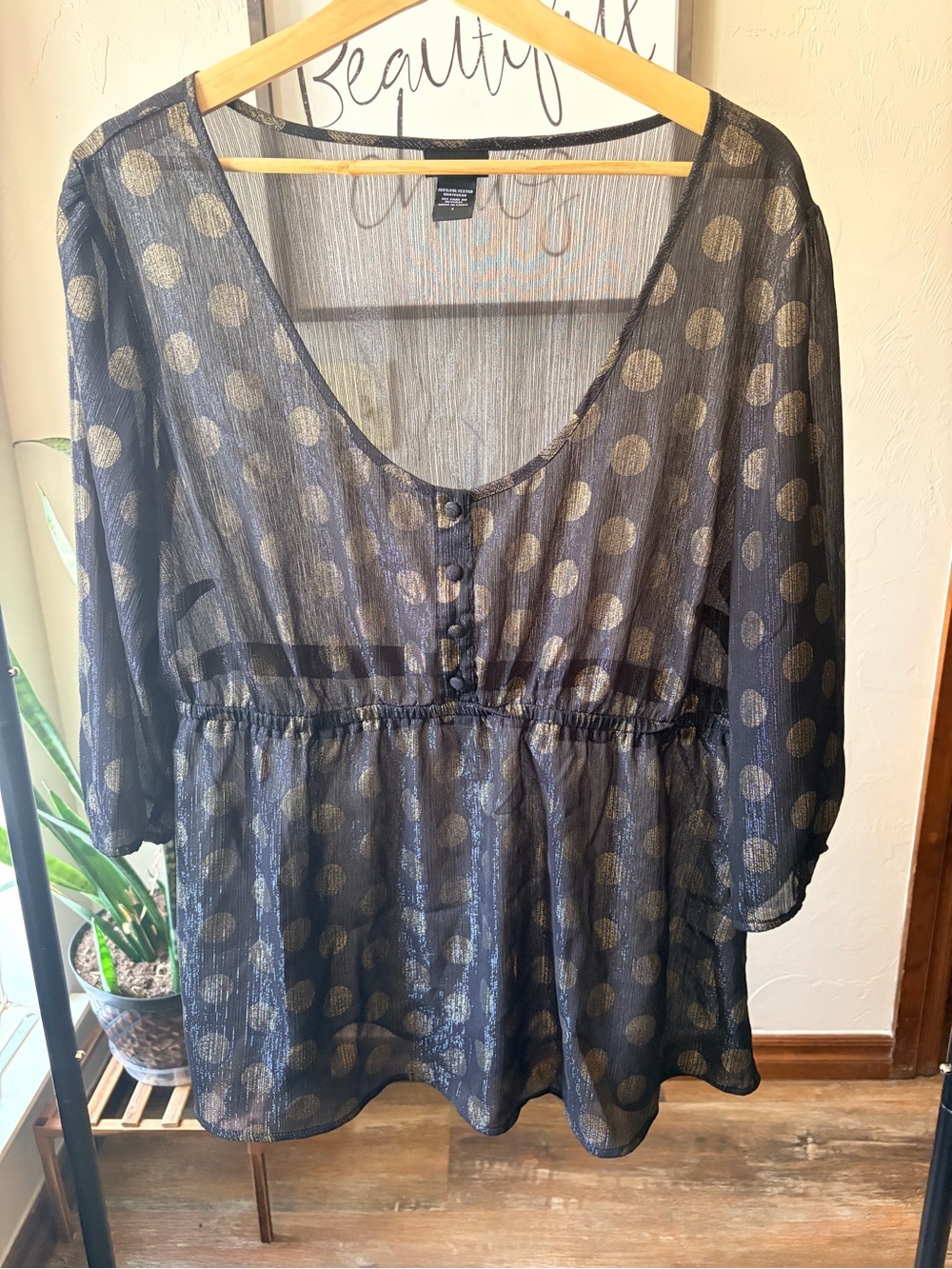 torrid Black Sheer Peplum Bouse with Gold Polka Dots Size 1
